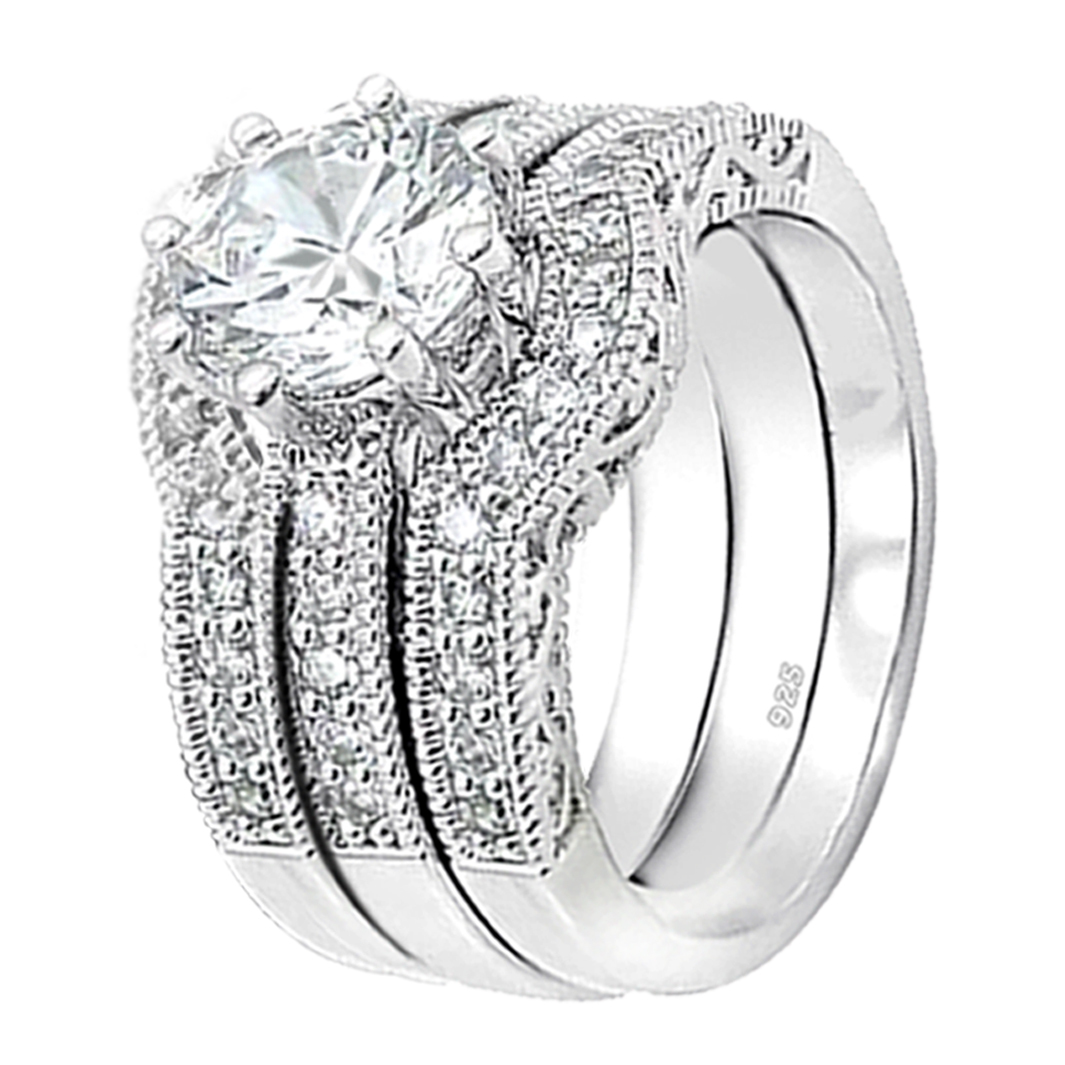 Classic Hers Solid Sterling Silver His Tungsten Wedding Engagement Ring Band Set