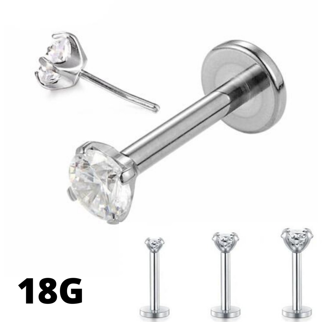 PAIR 18G PRONG SET CZ THREADLESS PUSH IN STEEL LIP LABRET EAR HELIX RING STUD