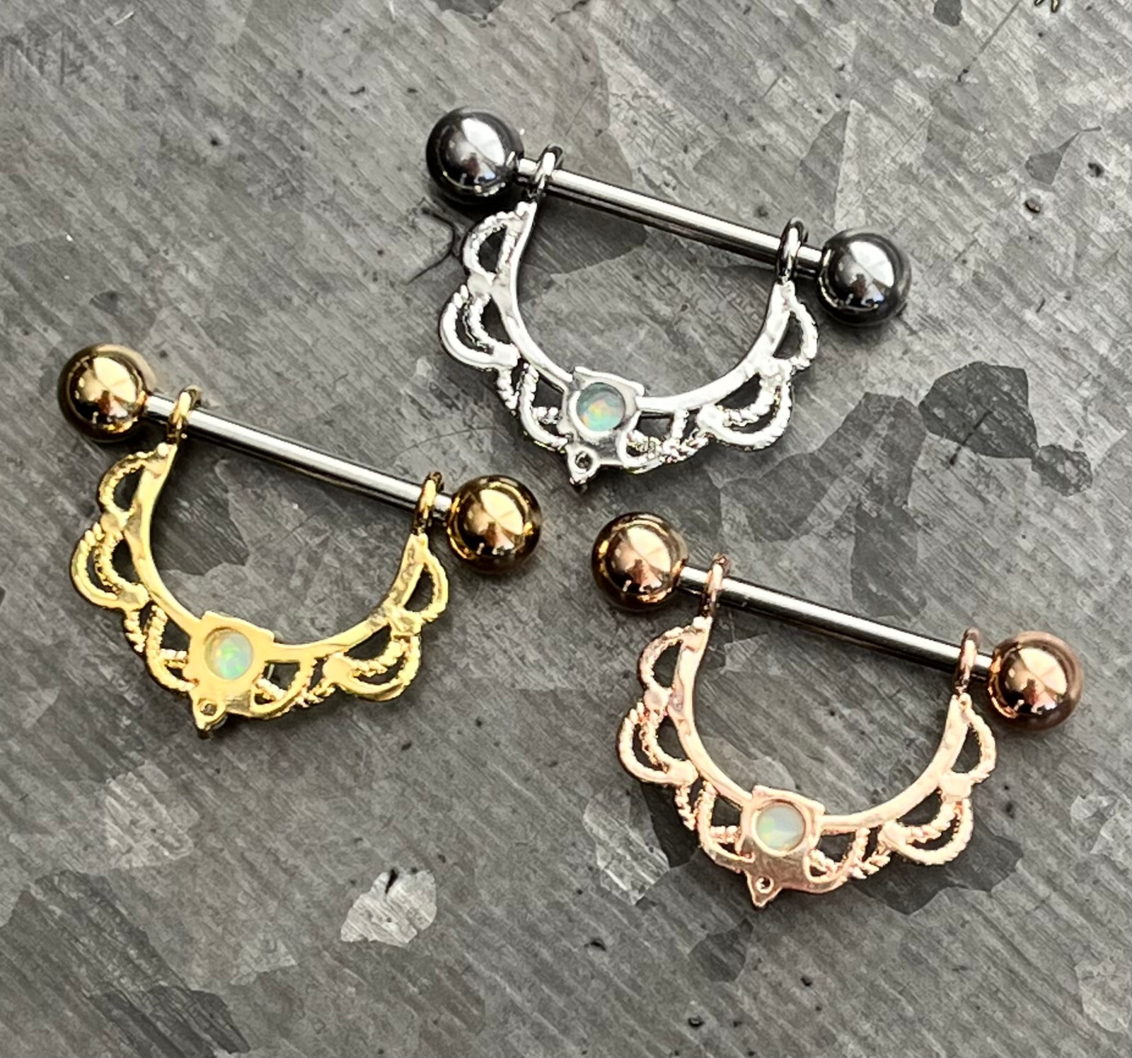 PAIR Opal Center Filigree Drop Nipple Shields Rings Body Jewelry 14g or 16g
