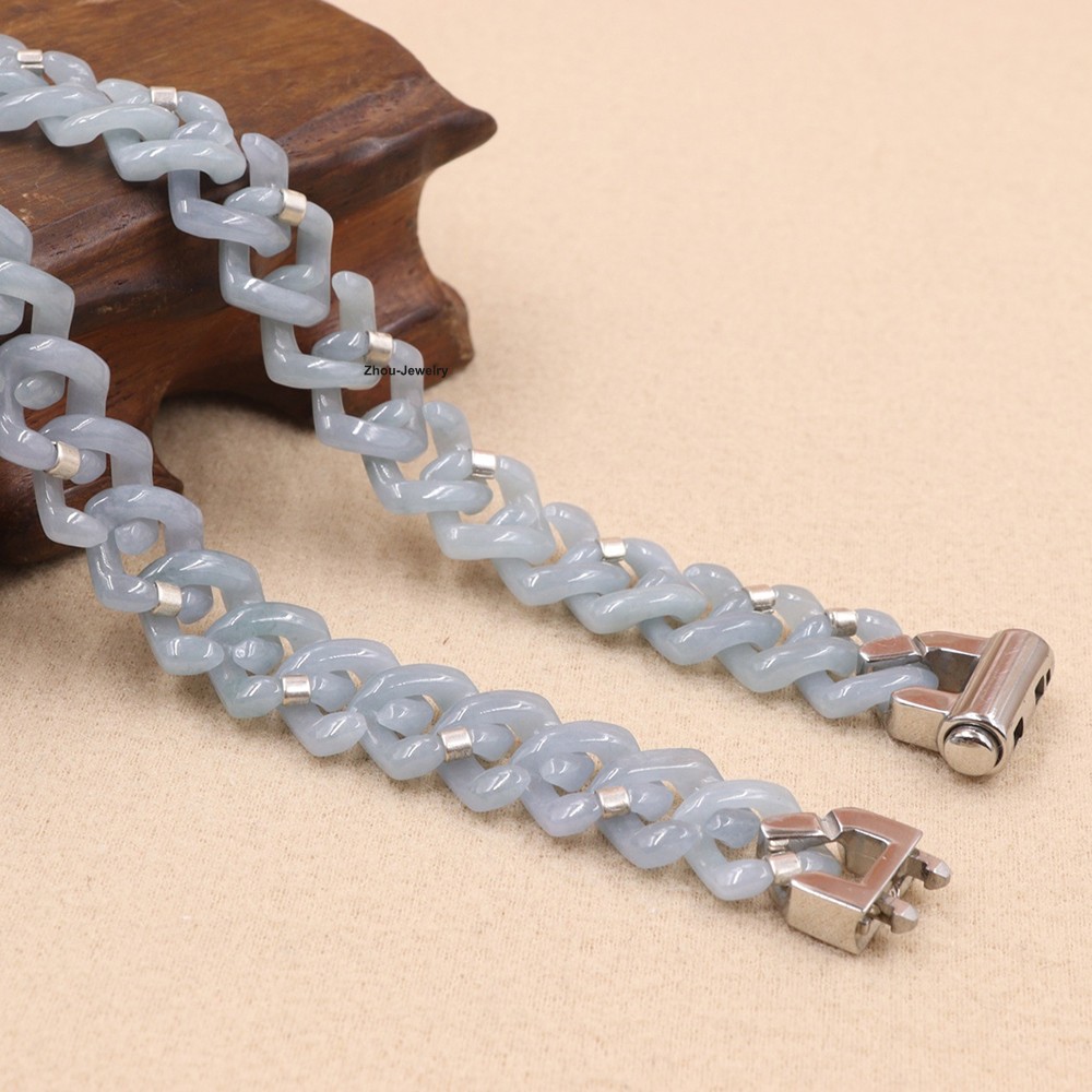 Natural Blue Water Jadeite Cuban Link Chain Necklace -Authentic Gemstone Jewelry