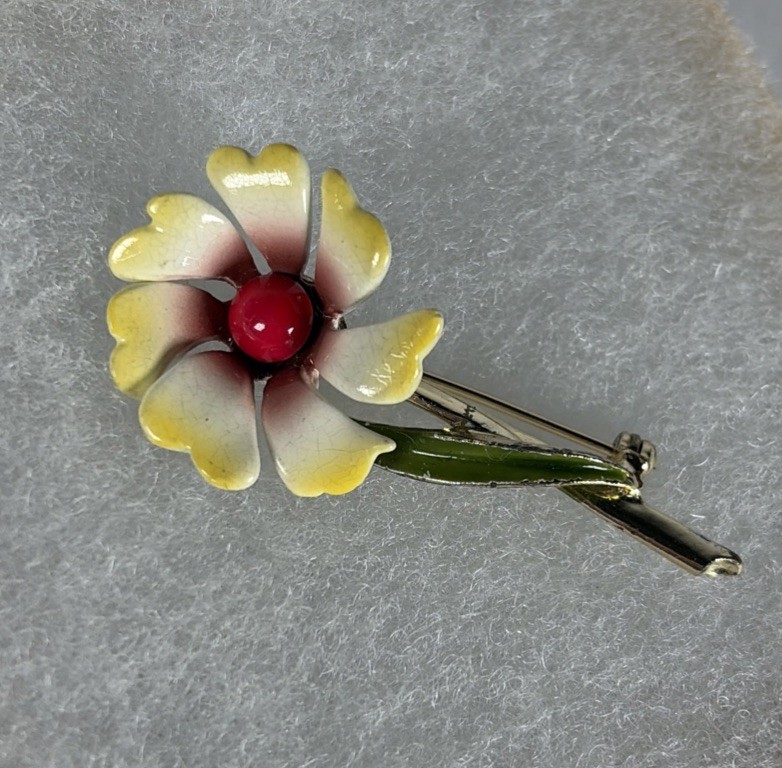 Vintage Enamel Yellow Red Green Flower Brooch Unsigned