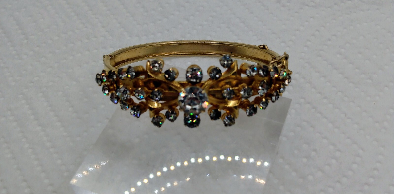 Vintage Gold Tone Rhinestone Hinged Bracelet With Safety Chain