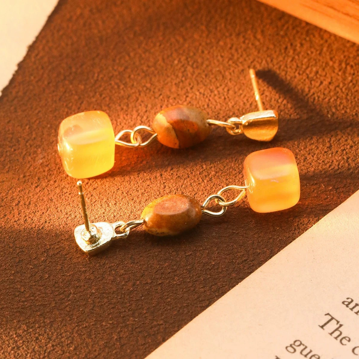 Fresh Sweet Wooden and Square Amber Brown Stone Drop Golden Dangle Earrings