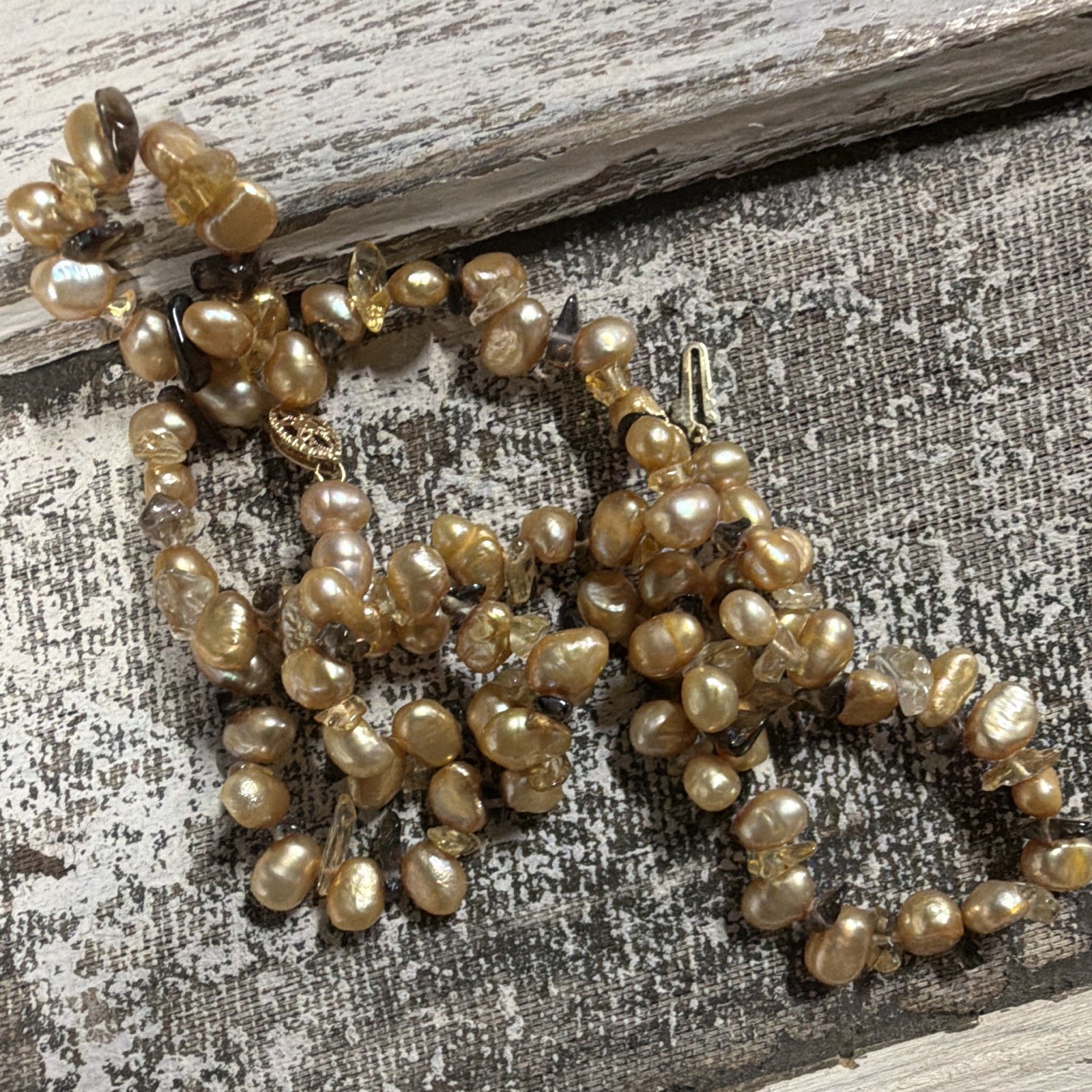 Artisan Champagne FW Pearl & Smokey Quartz Bracelet and Necklace 14K Yellow Gold