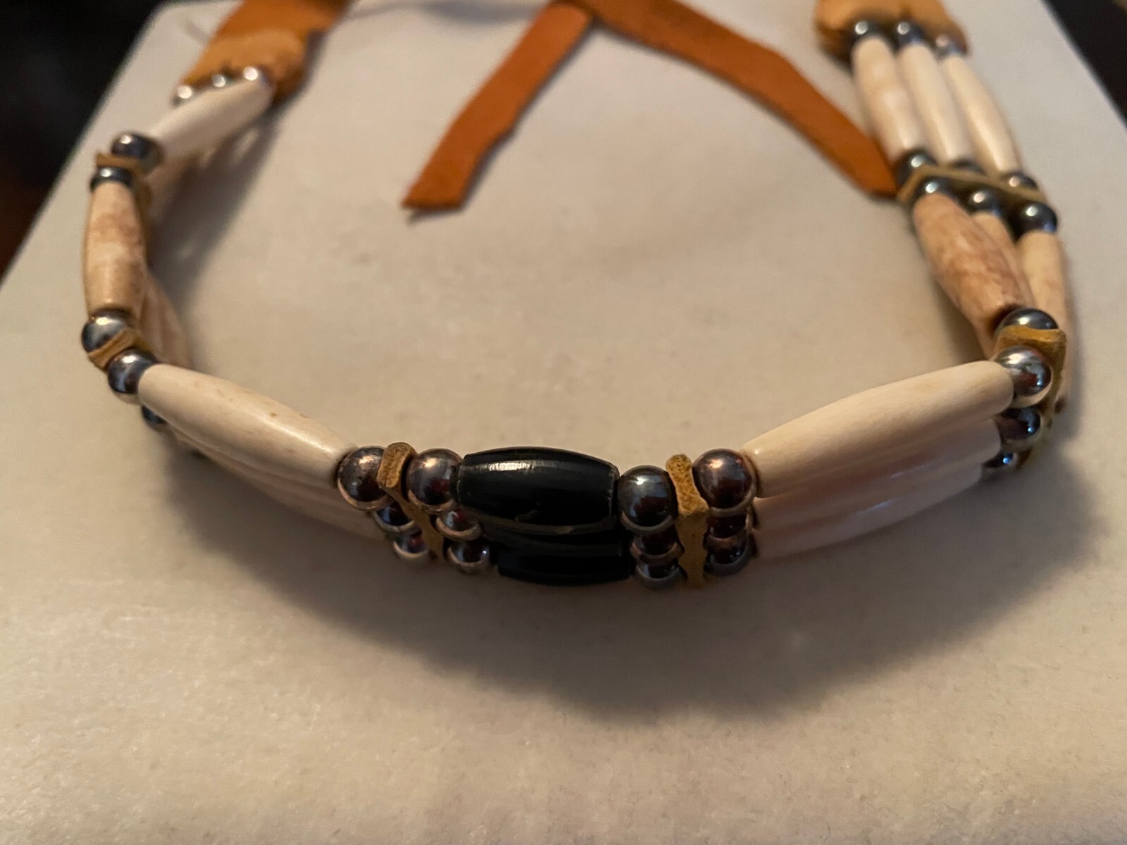 CHOKER NECKLACE HANDMADE BONE & STERLING CALF SKIN LEATHER SANTA FE, NM