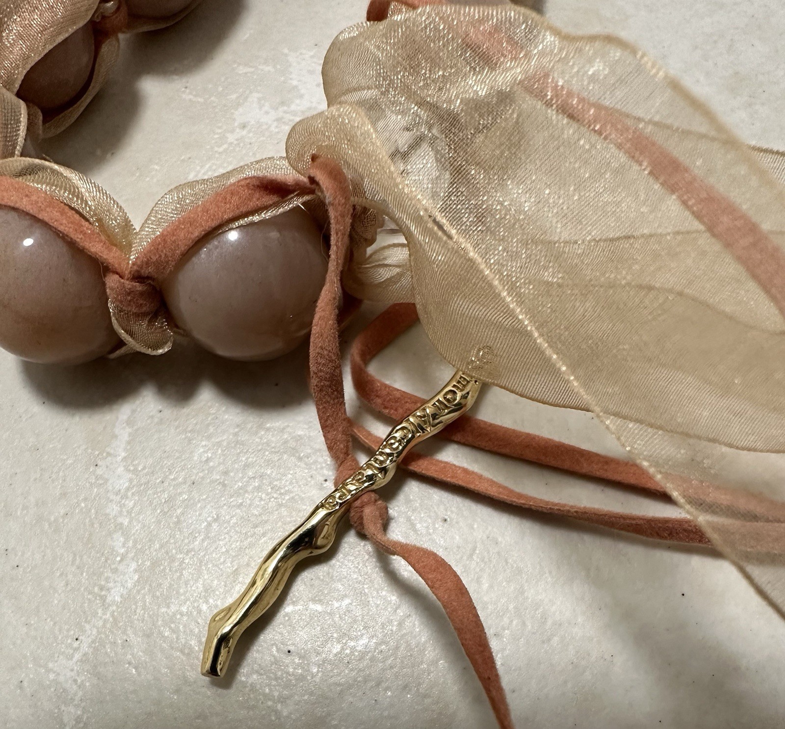 Simon Alcantara Wrapped Pink Quartz Bead Strand Statement Necklace Ribbon Suede