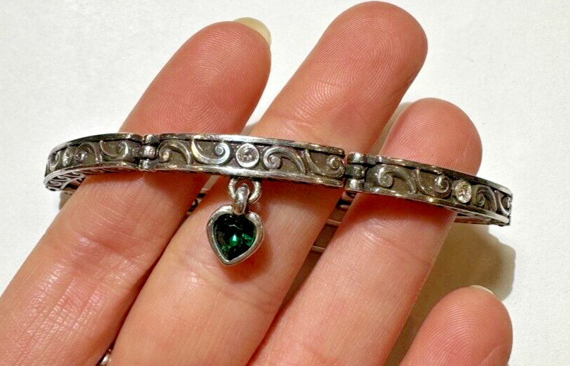 Vintage Brighton Celtic Green Emerald Dangle Heart Rhinestone 7.5″ Bracelet DA5