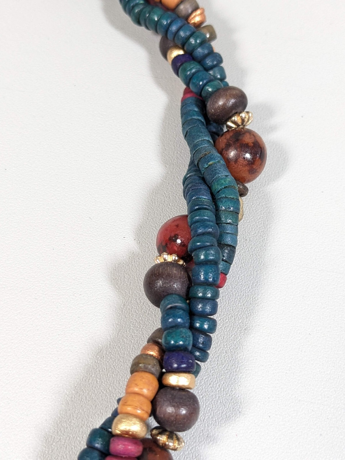 Vintage Gold Tone Green Blue Brown Wood Twist Necklace 24 inches