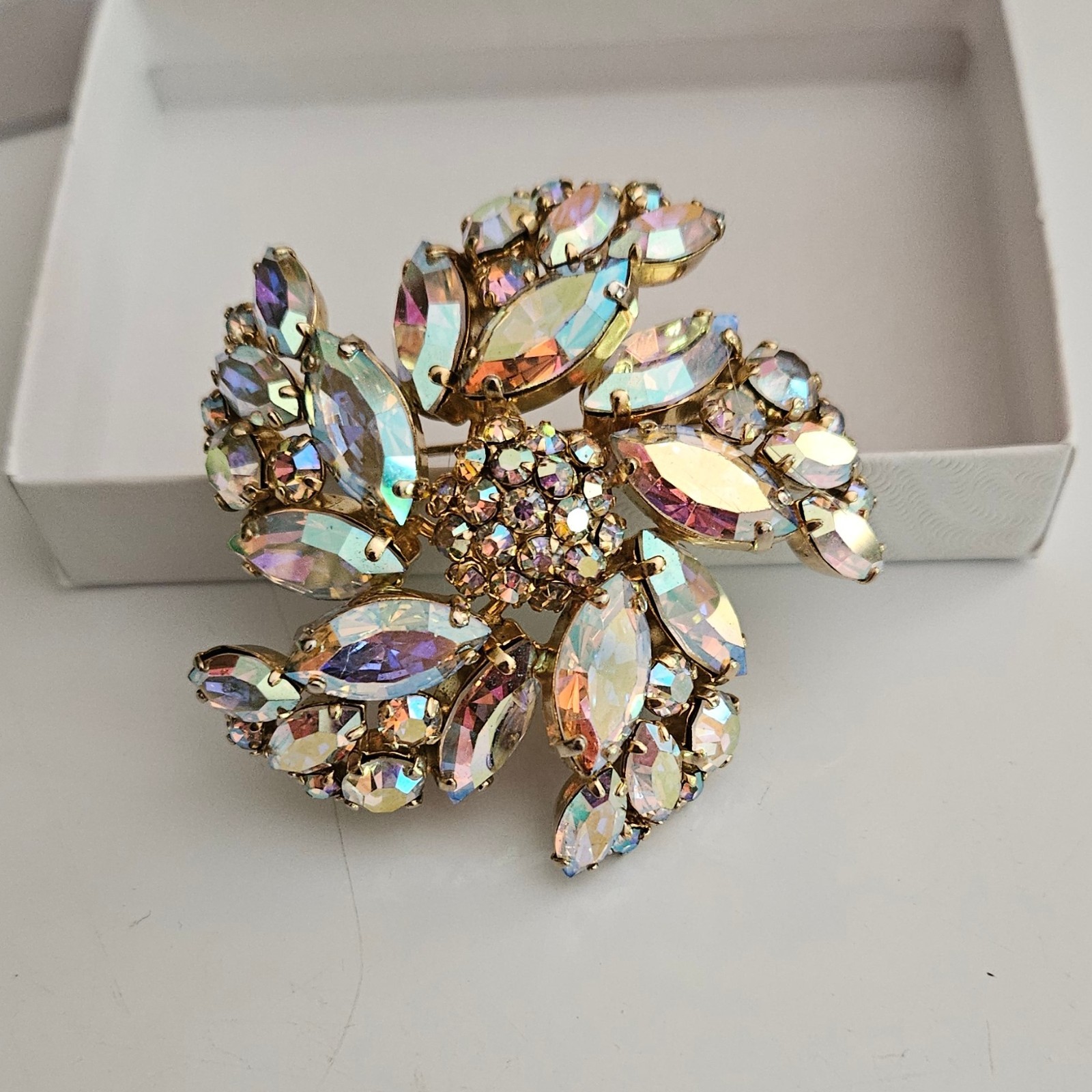 Sherman Aurora Borealis crystal 2″ Brooch signed vintage