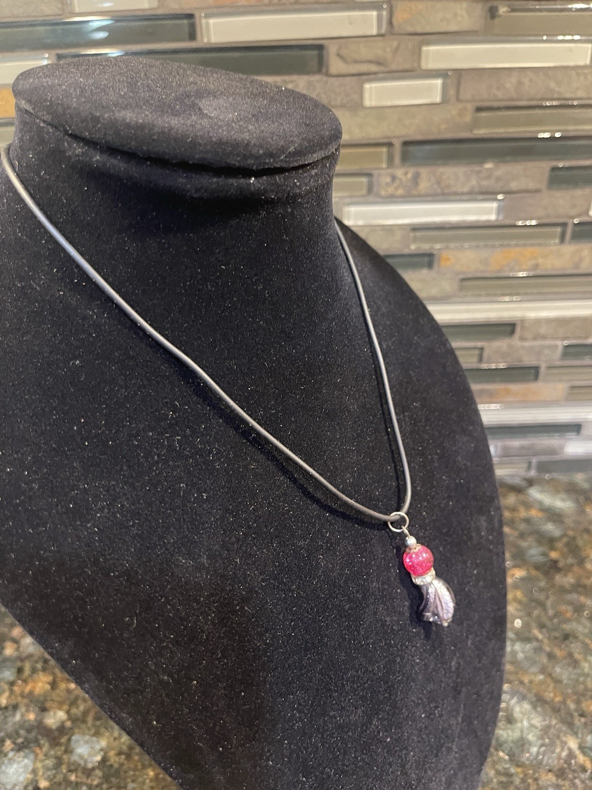 Handmade Lampwork Glass Pendant Necklace Red Crackle Bead Black Cord Artisan