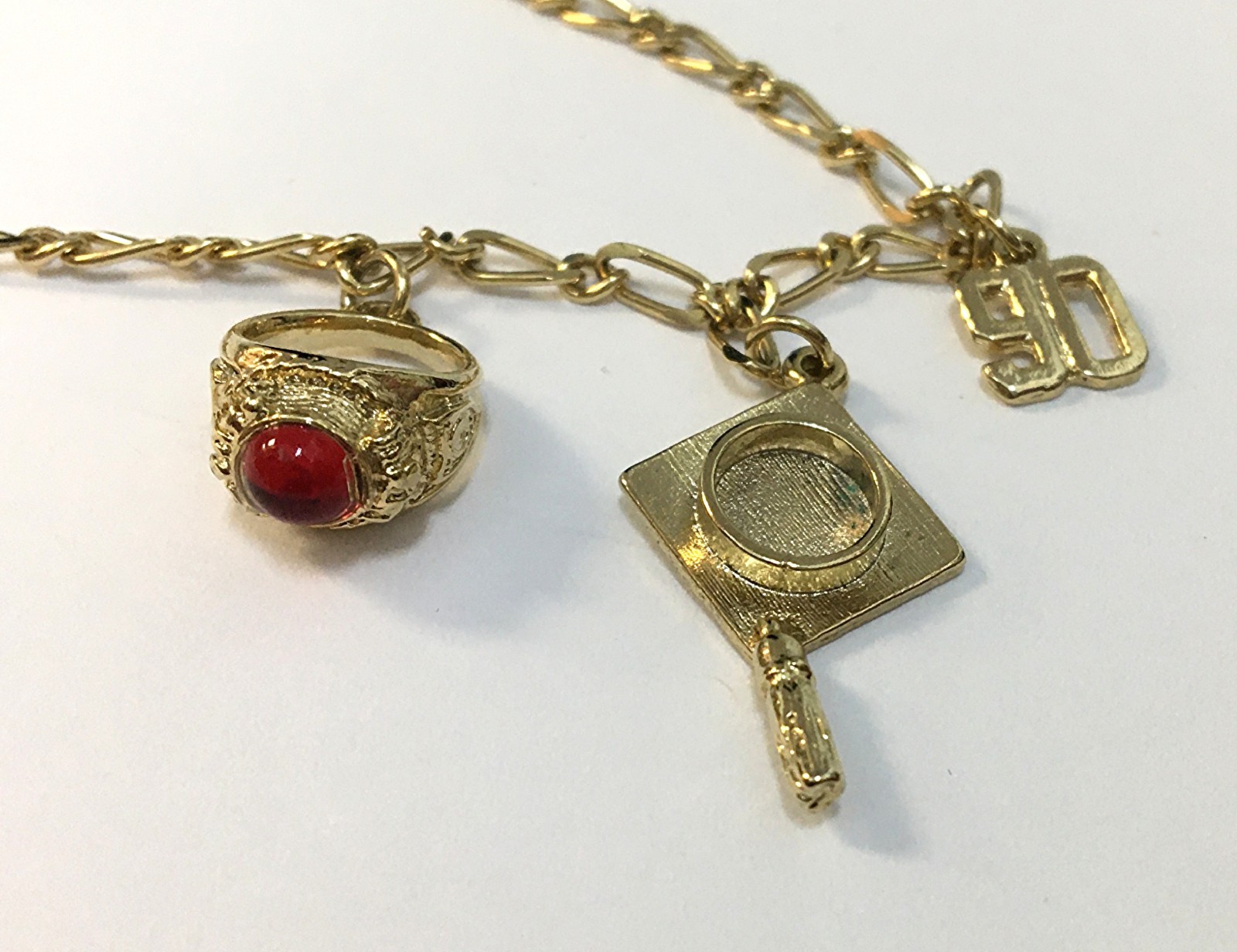 1990 Graduation Gold Plated Charm Necklace And Bracelet 2 Piece Set Vintage