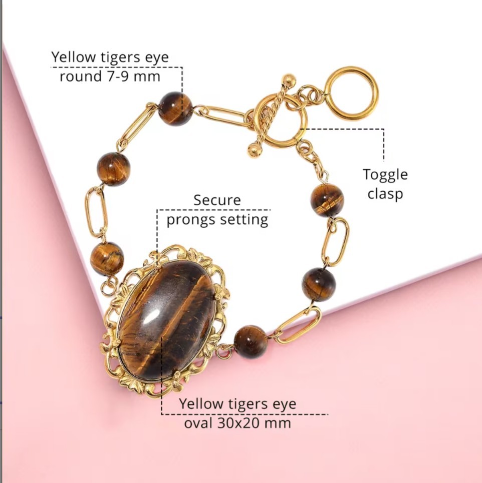 Yellow Tigers Eye 13.00ctw Bracelet ION Plated YG Stainless Steel (7.50-9.0In)