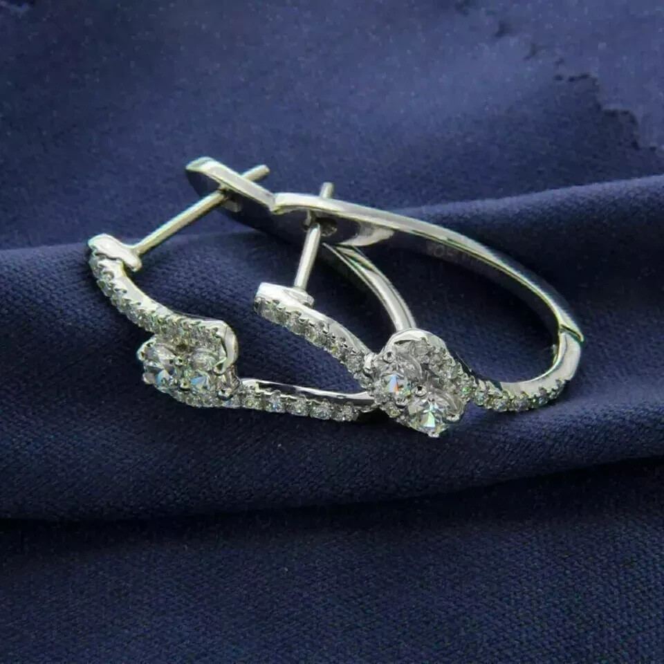 14K White Gold Plated In 2.30Ct Round Cut Simulated Diamond Huggie Hoop Earrings