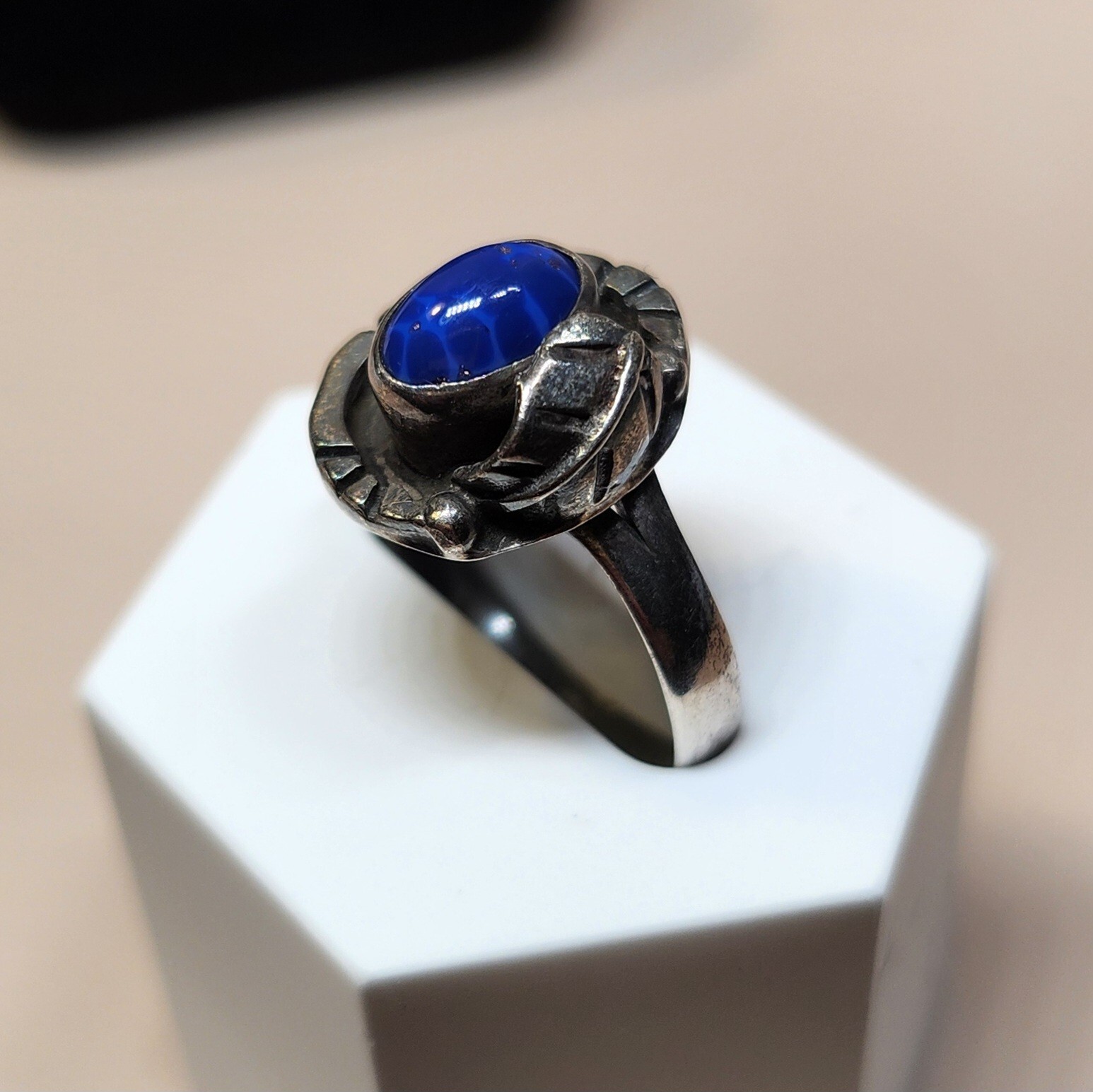Size 8 Cabochon Lapiz Lazuli 925 Sterling Silver Ring Artisan Vintage – 3.0g