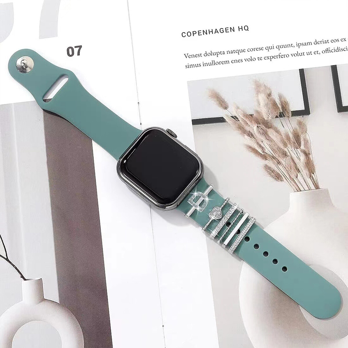 For Apple Watch Silicone Band Metal Charms Decorative Rhinestone Letter Ornament