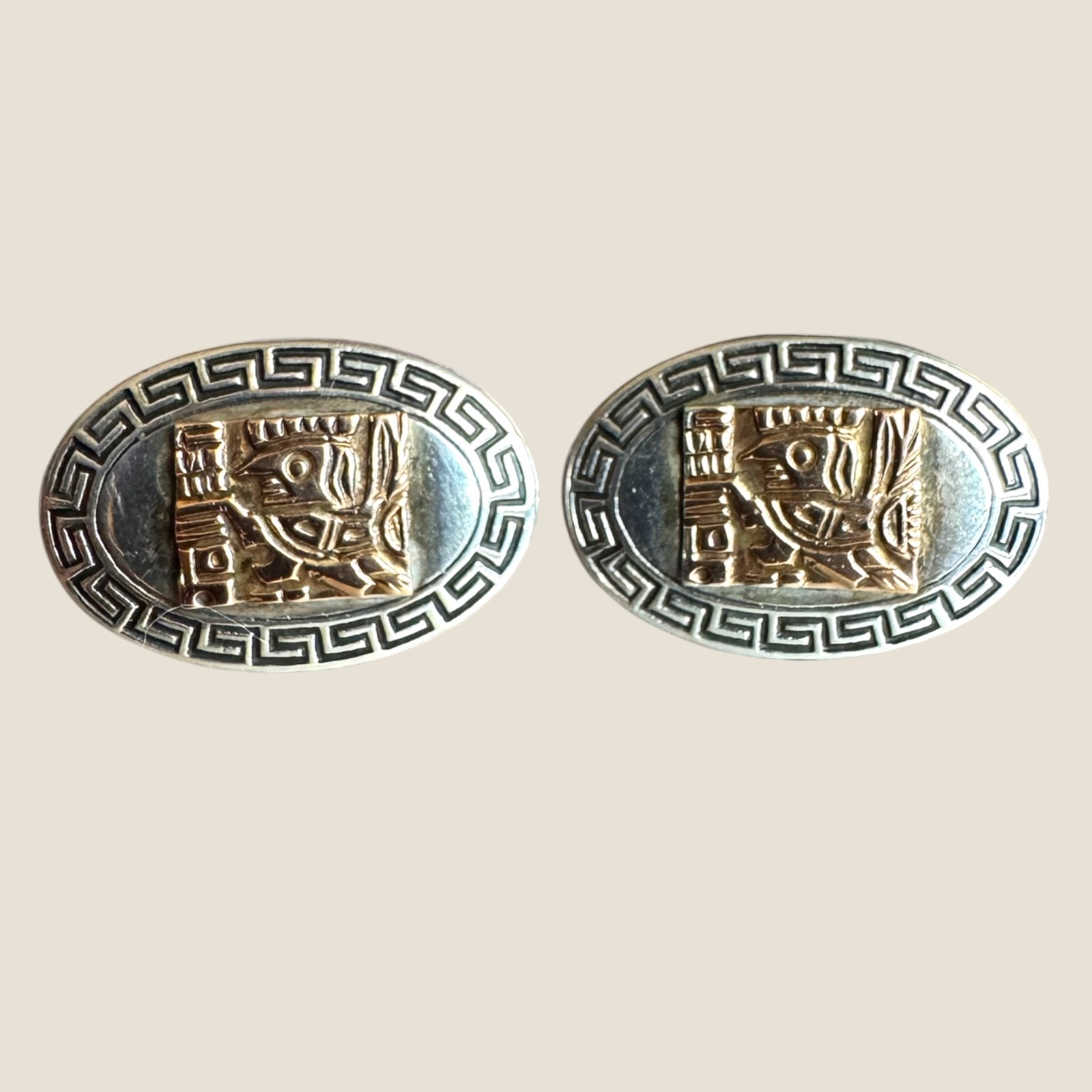 Vintage 18K Gold Sterling Silver 925 Aztec Greek Key Cufflinks 10.84g