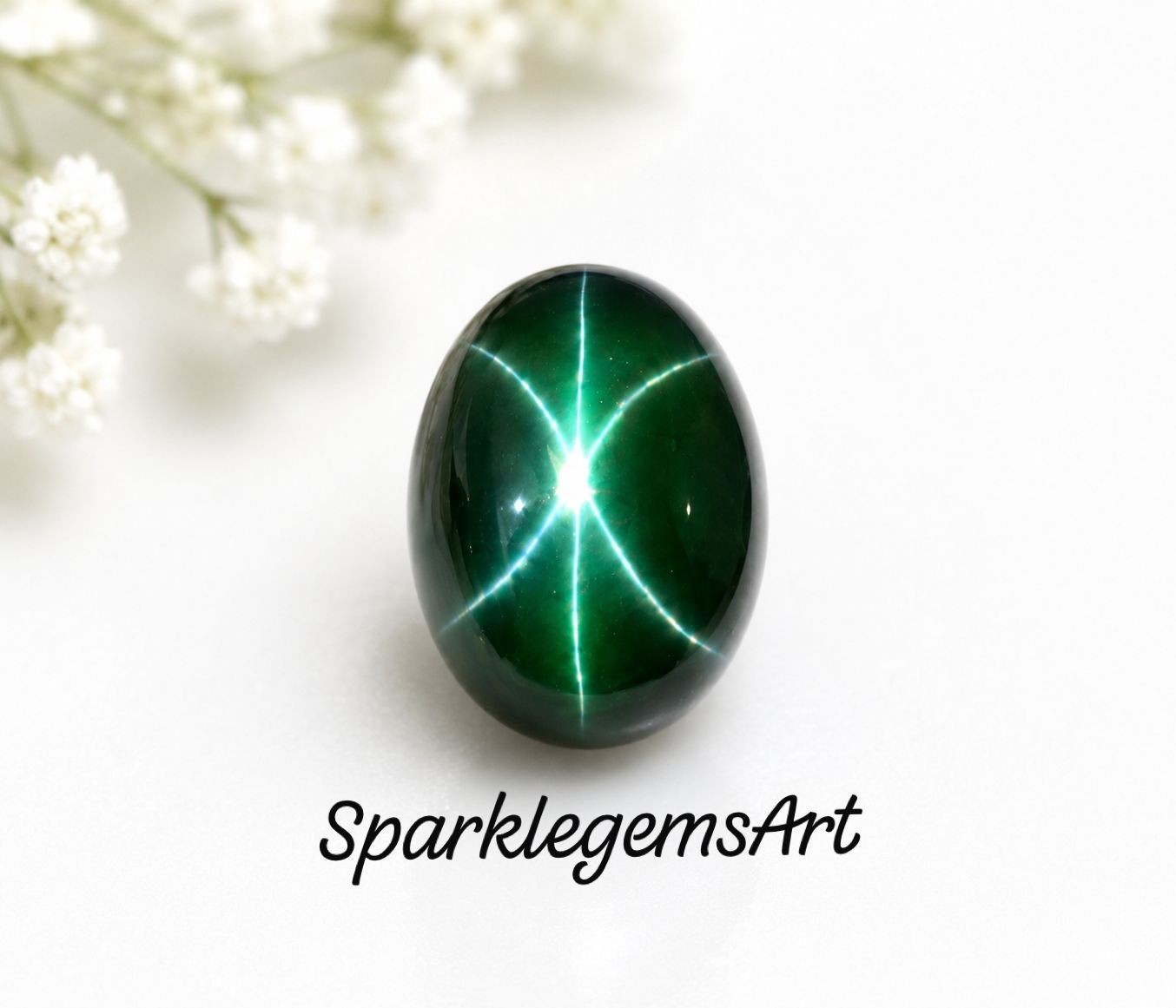34Ct Natural 6 Rays Star Green Sapphire Gemstone Cabochon cut Sapphire
