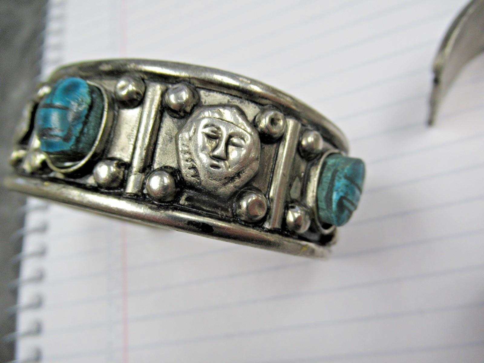 2 Vintage Made Egypt Egyptian Faience 3 Scarab Costume Jewelry Cuff Bracelets