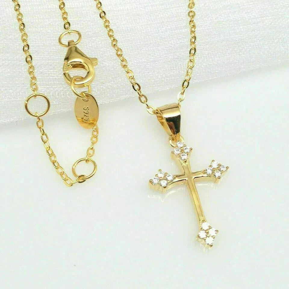 0.55 Ct Round Cut Diamond Cross Pendant Necklace 14k Yellow Gold Finish