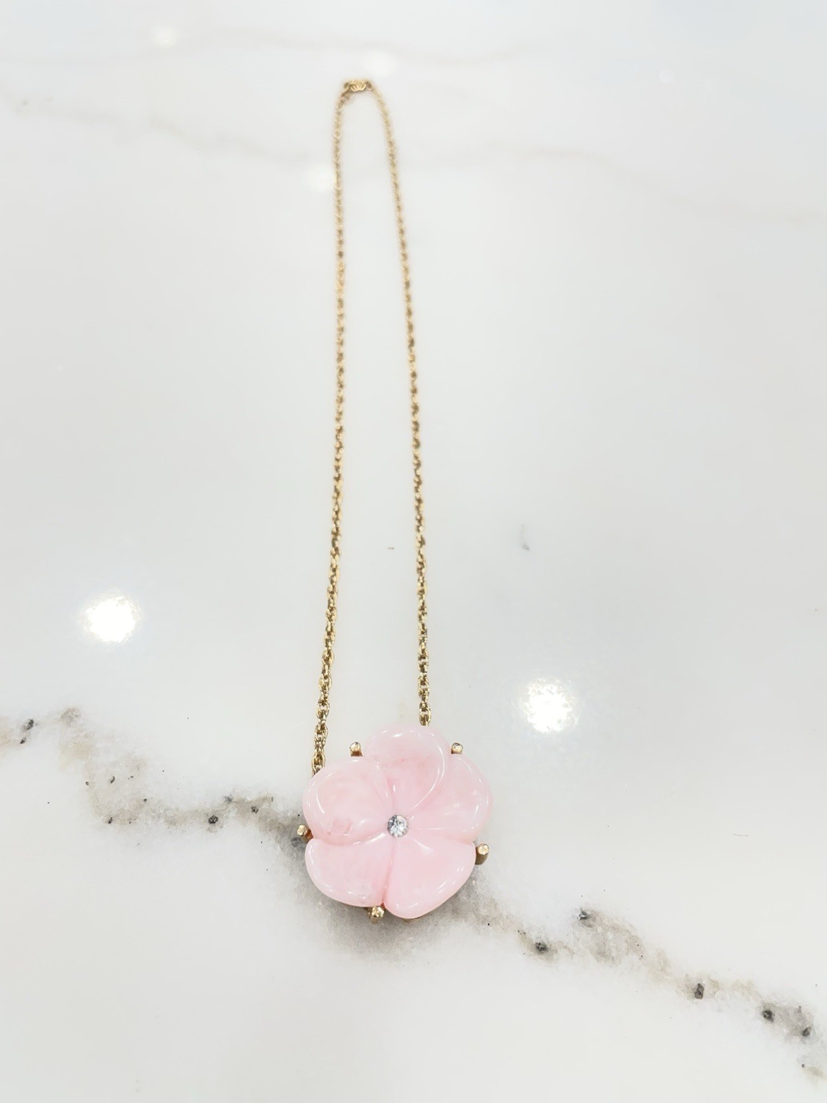 Vintage Avon Pink Carved Flower Pendant Necklace Gold Tone Rhinestone Center