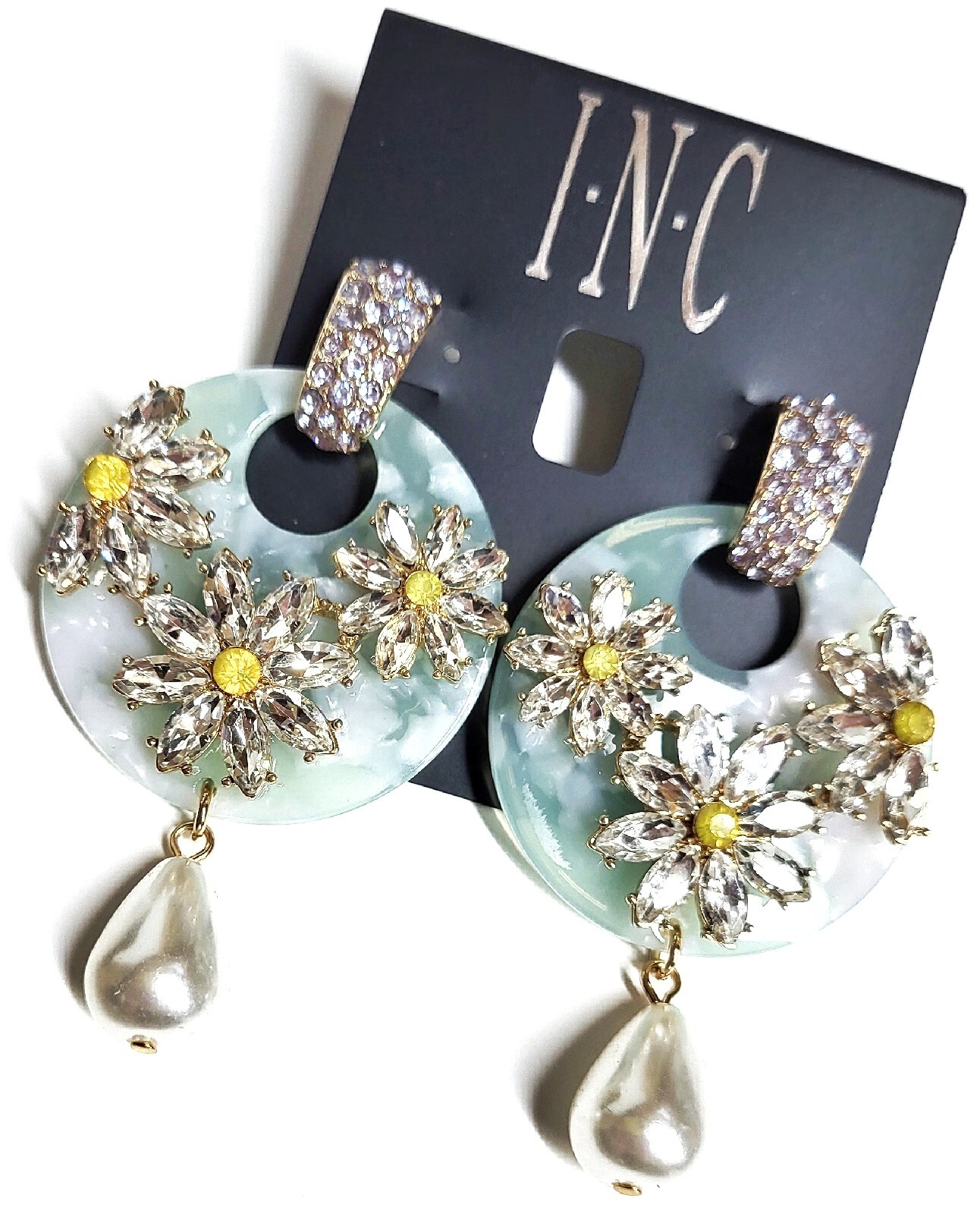 INC Crystal Resin Pearl Dangle Earrings Blue Daisy Multi-Color New with Tags