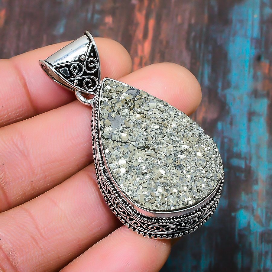 Pyrite Druzy Gemstone Handmade Gift Jewelry Pendant 2.09″ W029