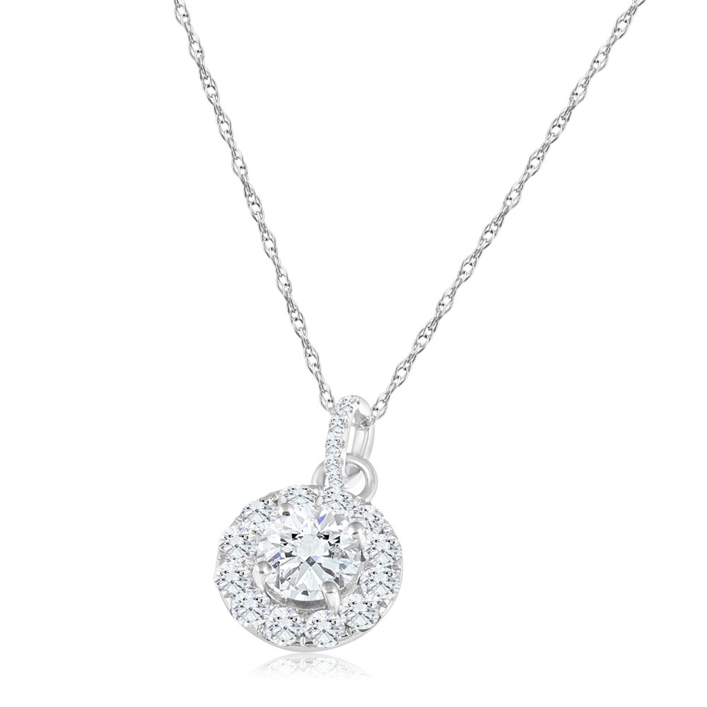 2 Ct TW Diamond (1ct center) Halo Pendant 10k White Gold Necklace