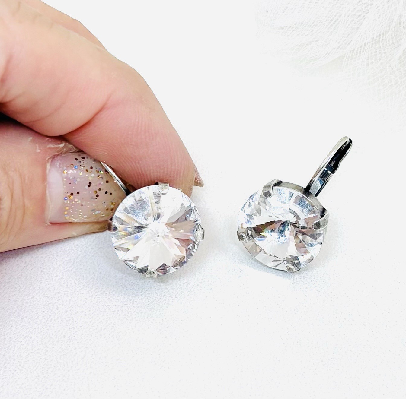 Antique Silver Plated 14mm Clear Crystal Drop Cup Chain Earrings