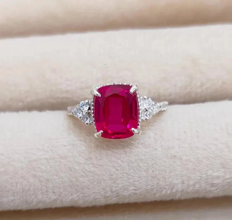 4.80Ct Cushion Cut Natural Red Ruby & Diamond 14K White Gold Engagement Ring