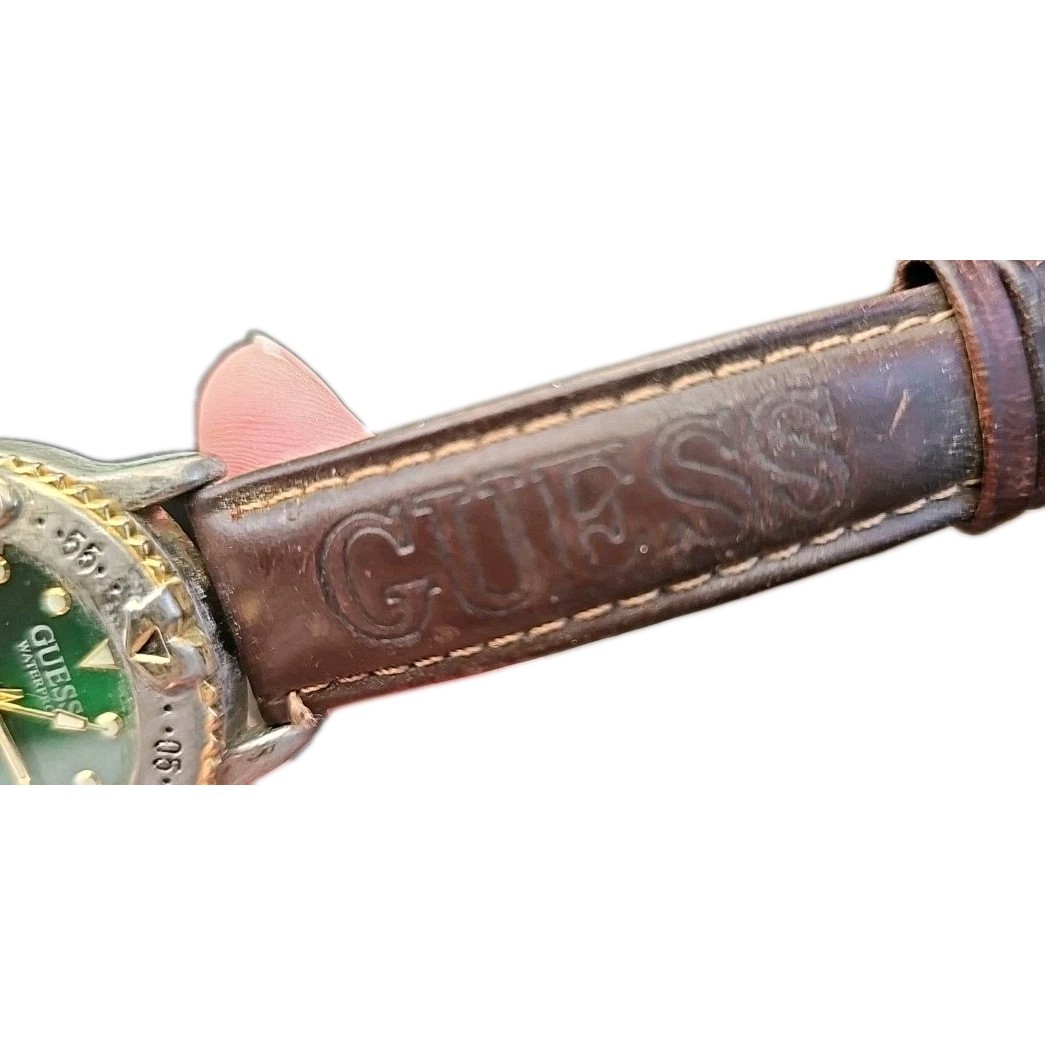 Guess Green Face Vtg Ladies Watch Not Tested Band Leather Stamped Parts WaterPro