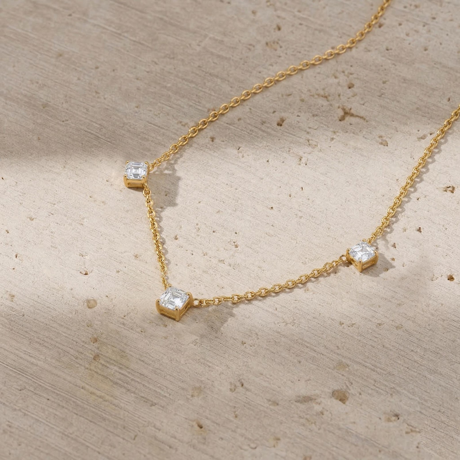 Dainty Gold Three Stone Necklace, White Zircon Necklace, Minimalist Station Neck