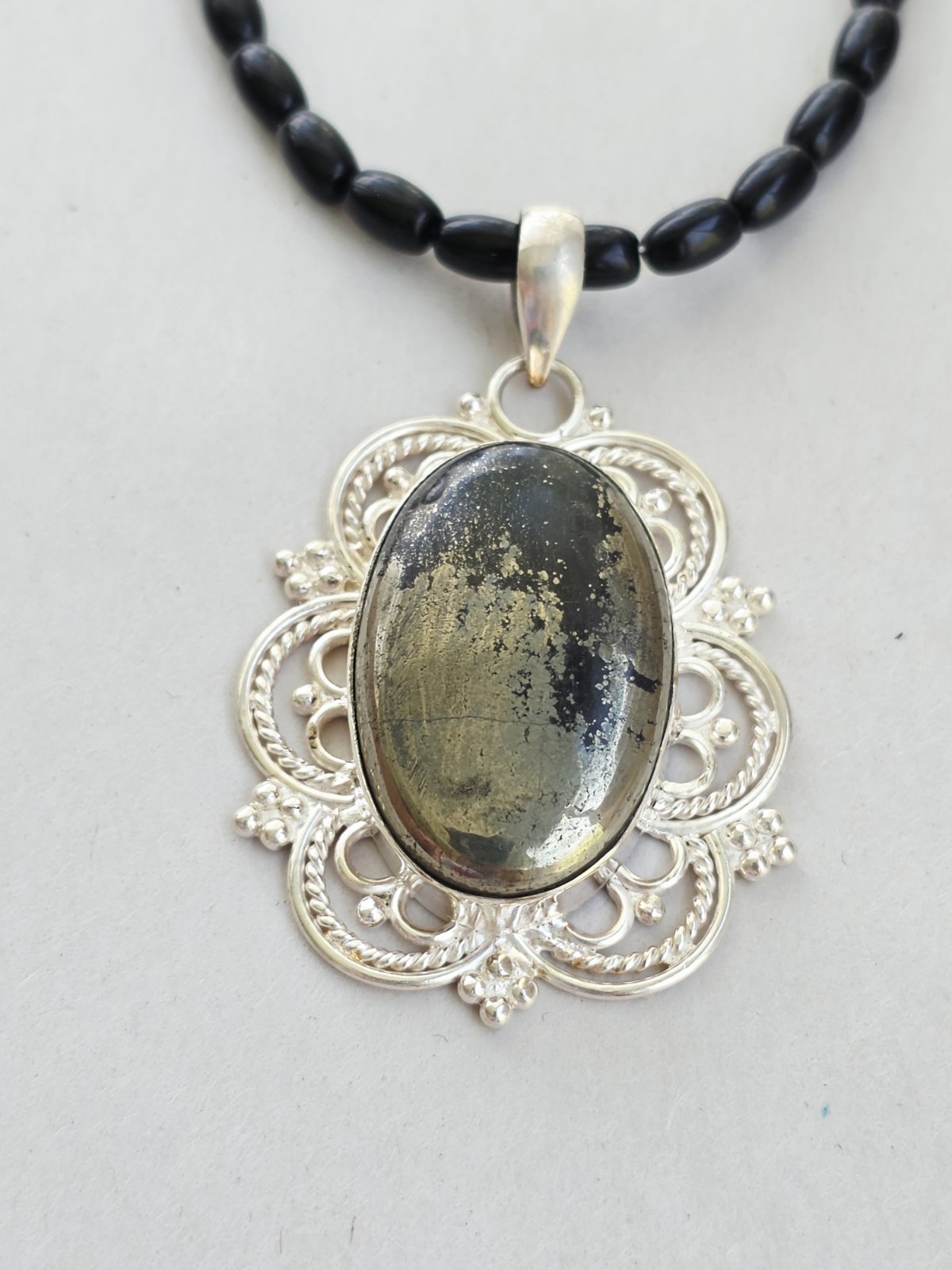 Artisan Handmade black onyx Pyrite Necklace Clasp Signed Silver 925 goth regal