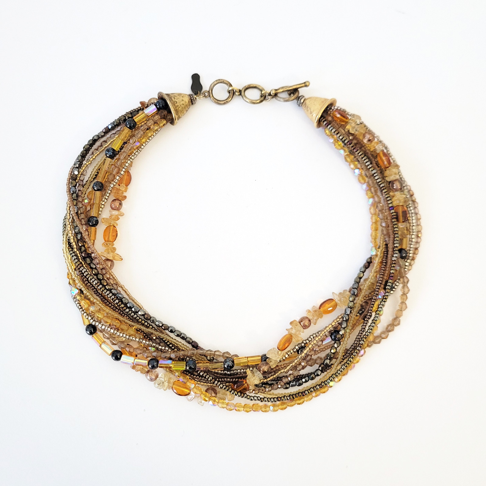 Citrine Gemstone Hematite Glass Bead Multi Strand Necklace Gold Tone 18″ Collar