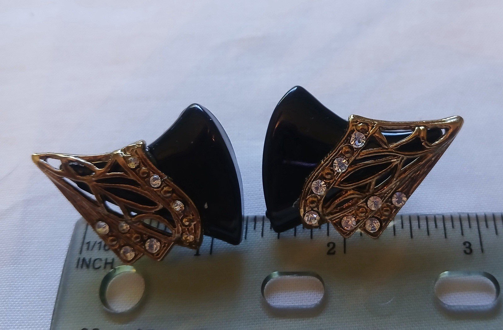 Vintage ART Deco Style Black & Gold Tone Rhinestone Set Earrings & Brooch