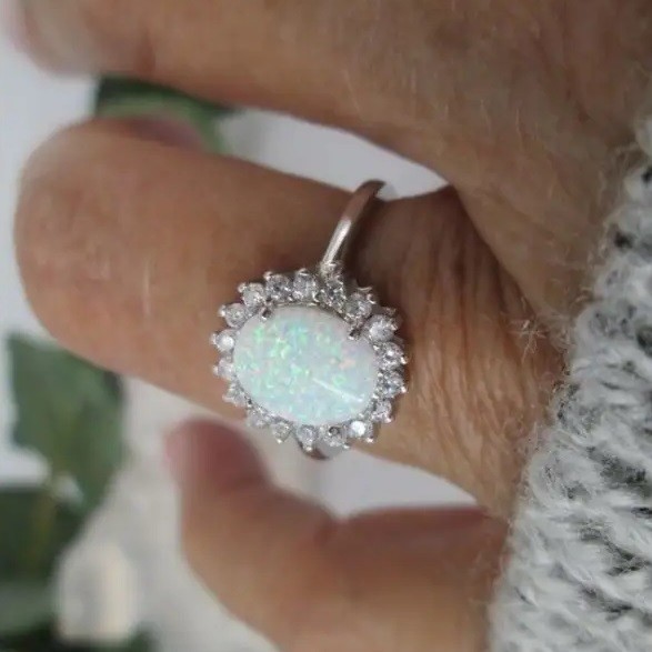 Elegant 925 Sterling Silver Rainbow Opal Charms Engagement Wedding Ring Size 6.5
