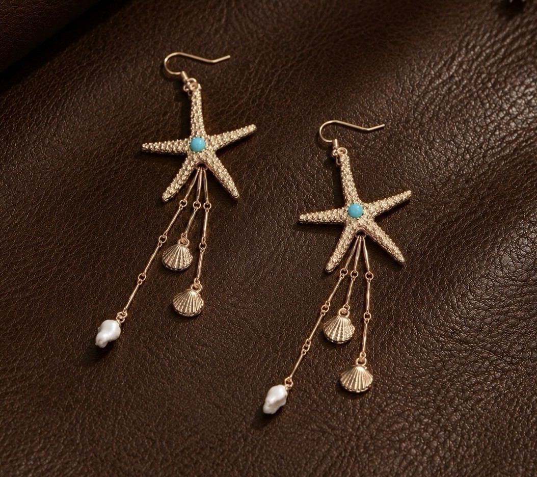 Starfish Shell Earrings Turquoise Ettika STYLE Gold Chain Boho Nautical Boho Y2K