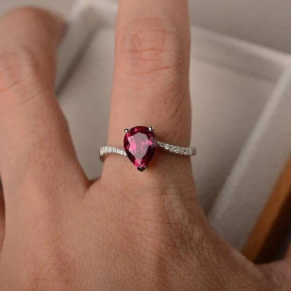 2.82 Ct Pear Cut Natural Ruby Diamond Wedding Ring 14K White Gold