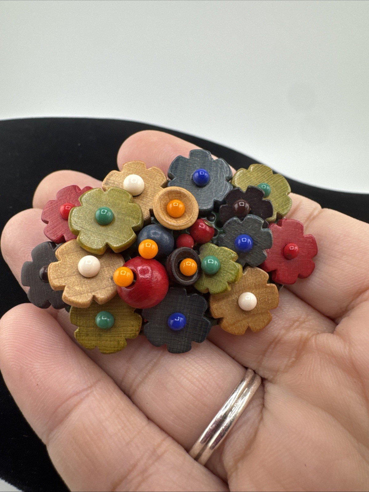 Vintage Made In Czechoslovakia Czech Carved Wooden Flower PIN Brooch 2 1/8”