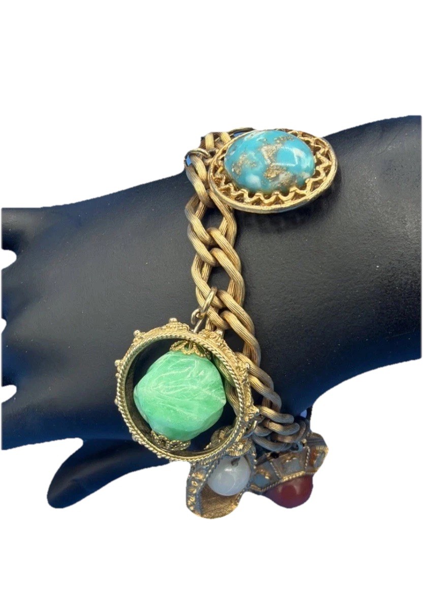 Vintage Etruscan Revival Charm Bracelet Gold Tone Curb Chain Fob Lantern 50s 60s