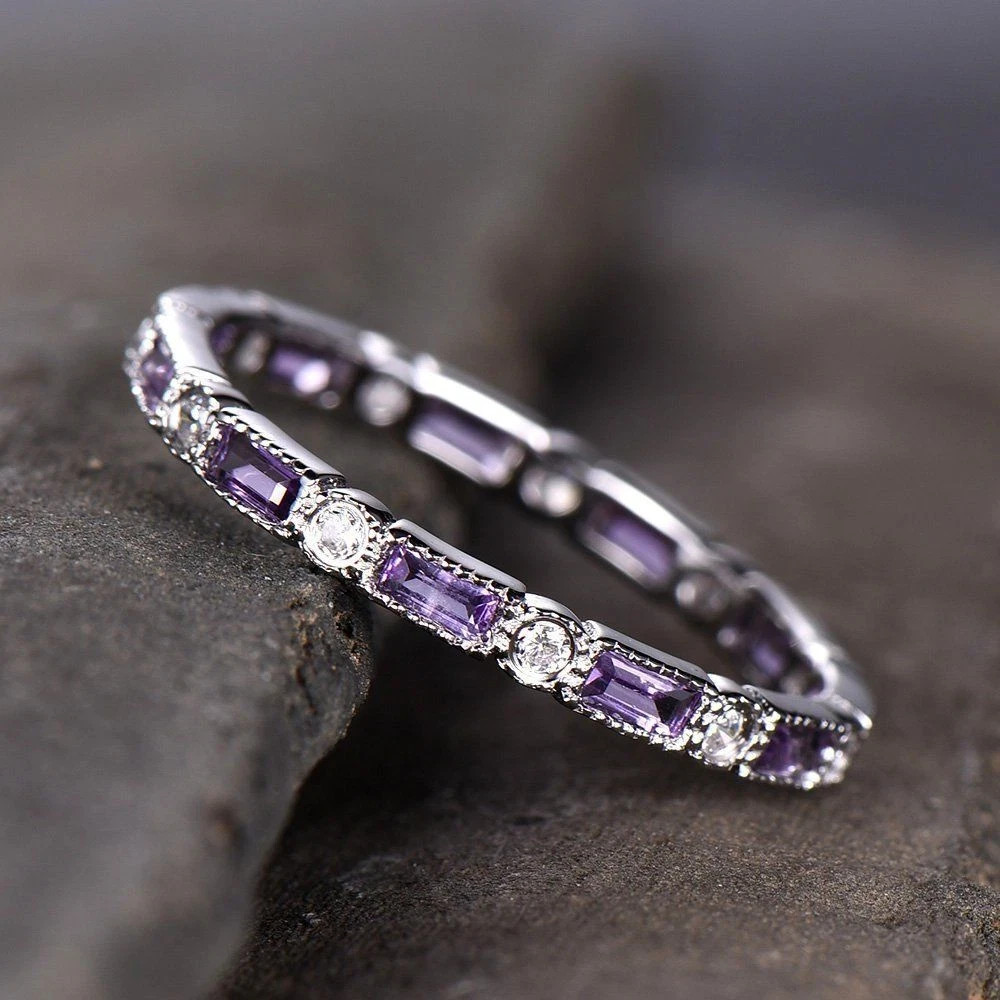 1ct Natural Amethyst & Diamond Eternity Wedding Band Ring 14k SOLID White Gold