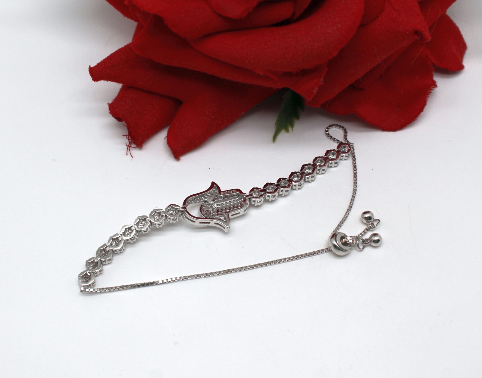 Sterling Silver Hand of Fatima CZ 7.83g Bolo Bracelet CAT RESCUE