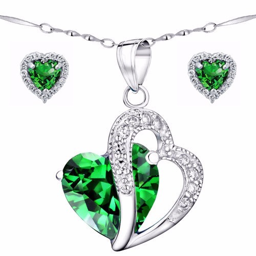 Simulated Emerald Sterling Silver Pendant Necklace Earring Set Gifts for Her