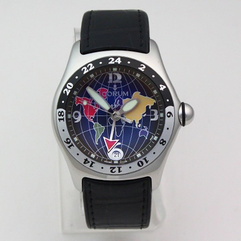 Corum Bubble GMT 383.250.20 45mm Black World Map Dial Wristwatch + Box & Cards