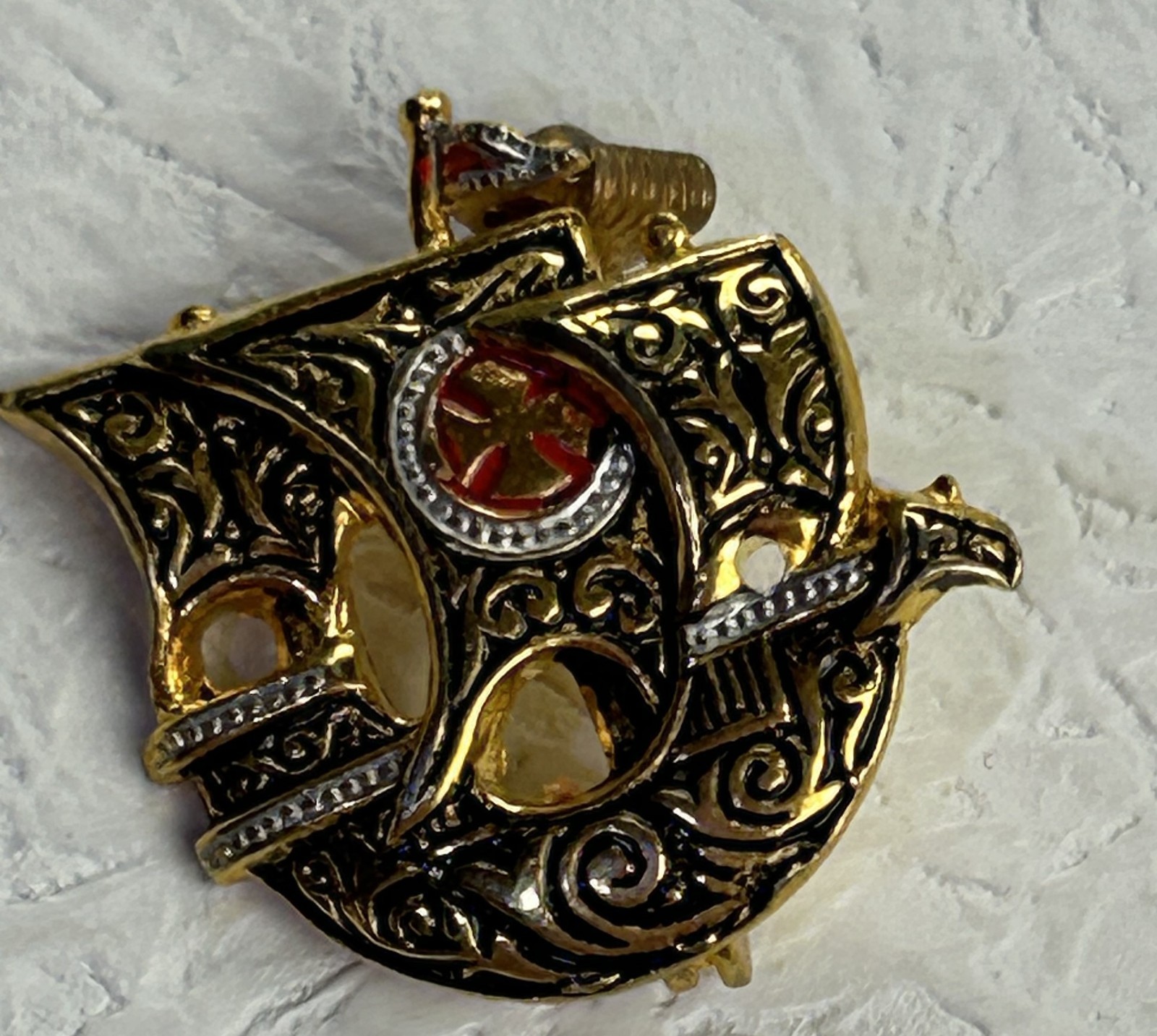 Vintage Gold Tone Ship Brooch Red Enamel Nautical Boat Pin Retro Style