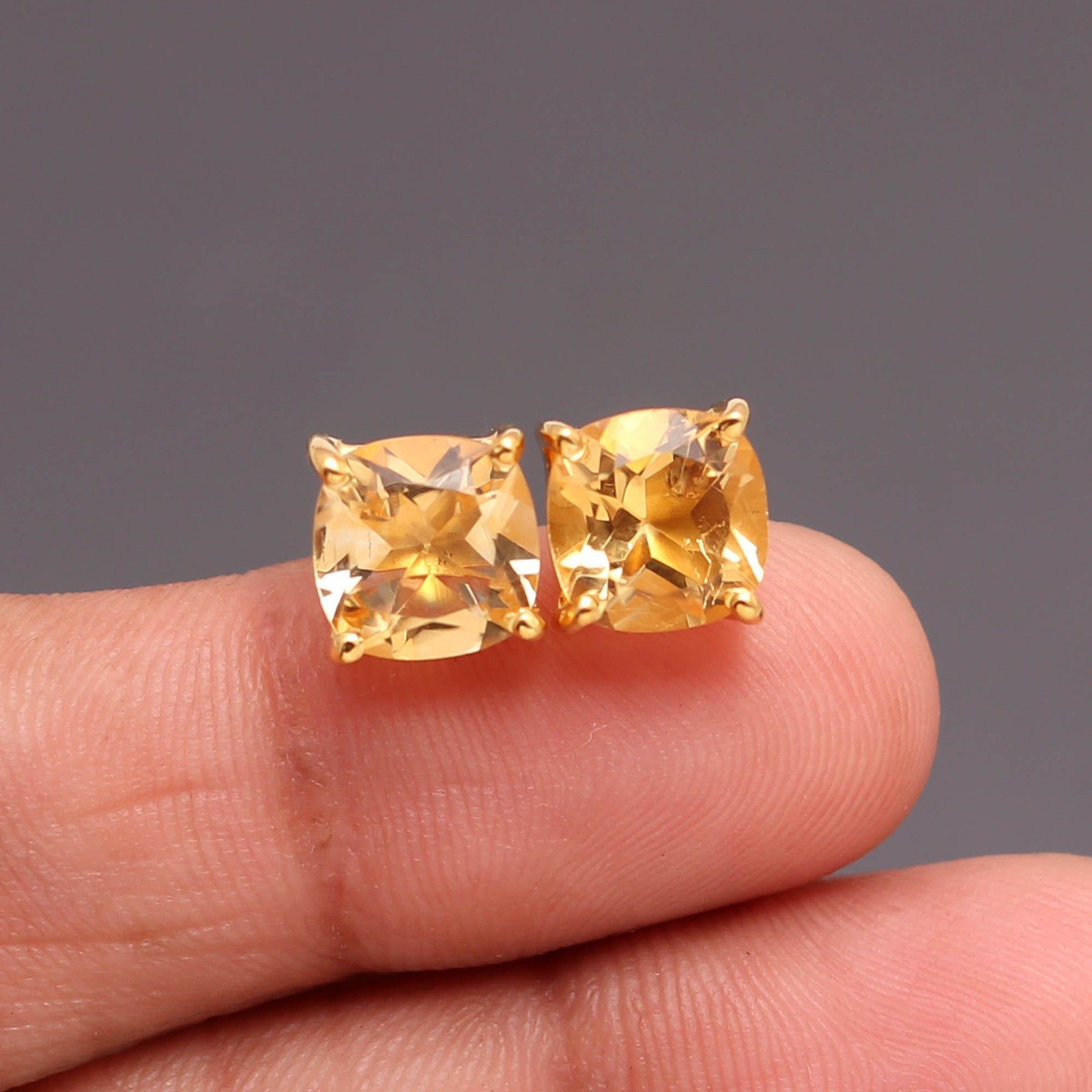 Natural Citrine Quartz Cushion Stud Earrings Gold Plated Solid Silver Jewelry