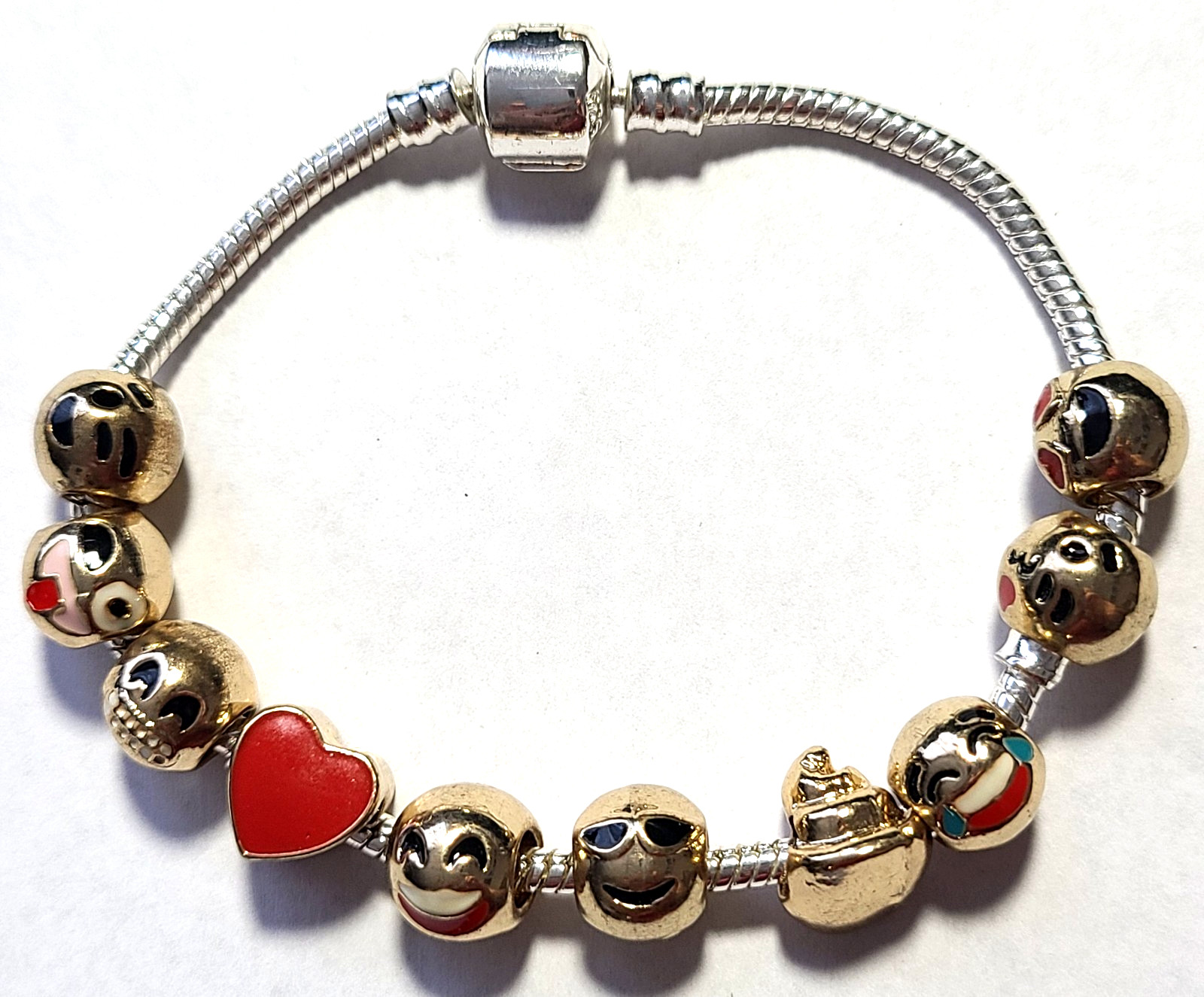 VINTAGE STUNNING STERLING EMOJI SLIDE CHARMS SIGNED 925 BRACELET