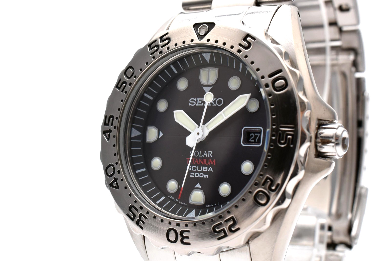 【Exc+5】 SEIKO V145-0AH0 Solar Titanium Vintage Black Dial Scuba 200m Men’s Watch