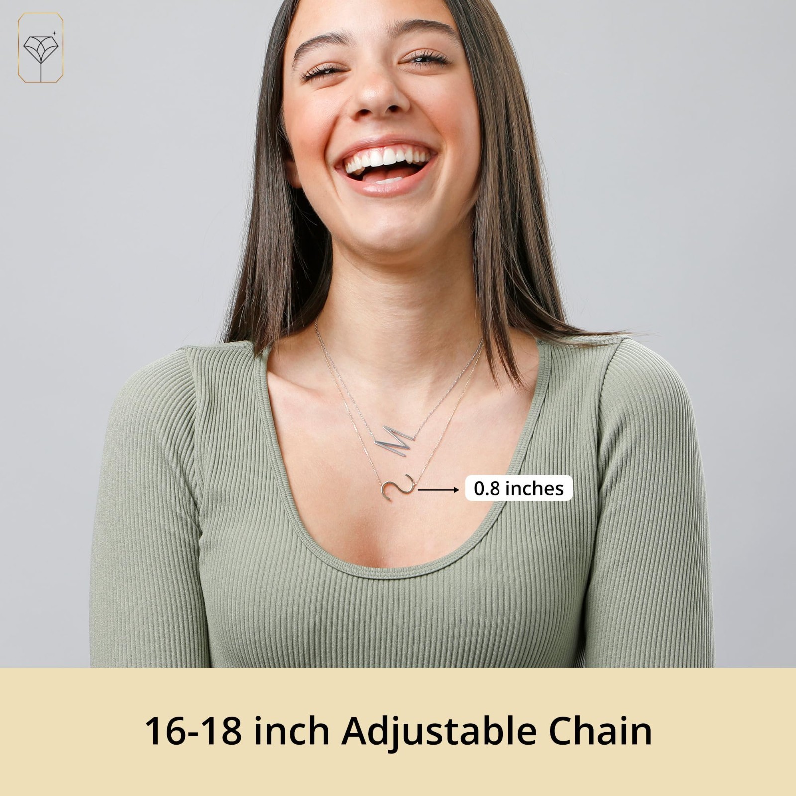 Solid Sterling Silver Sideways Block Initial Necklace, 16-18″ Extendable Chain