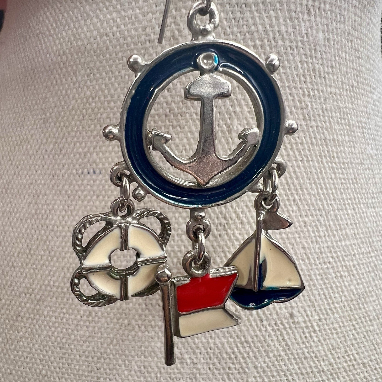 Nautical Charm Dangle Earrings Anchor Sailboat Flag Enamel Coastal Beach Sailing