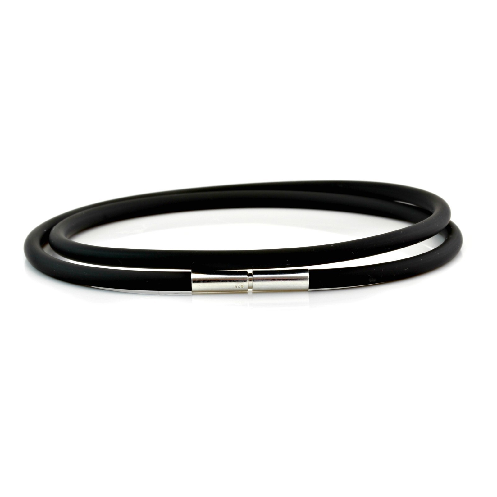 Men’s/Ladies Double Wrap Rubber Bracelet–3mm Black rubber–Sterling Silver Clasp